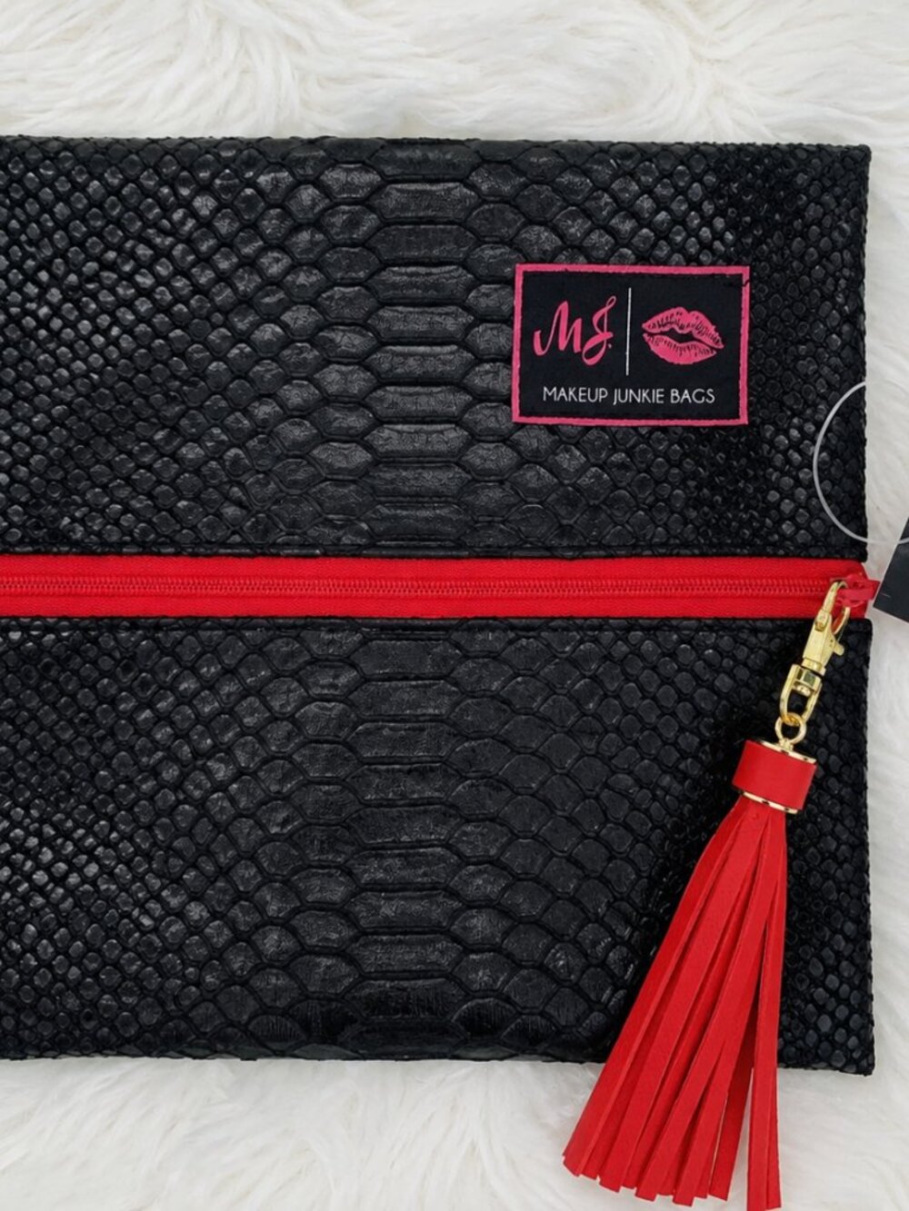 MAKEUP JUNKIE BAG - Black Textured/Red Lining NWT SMALL